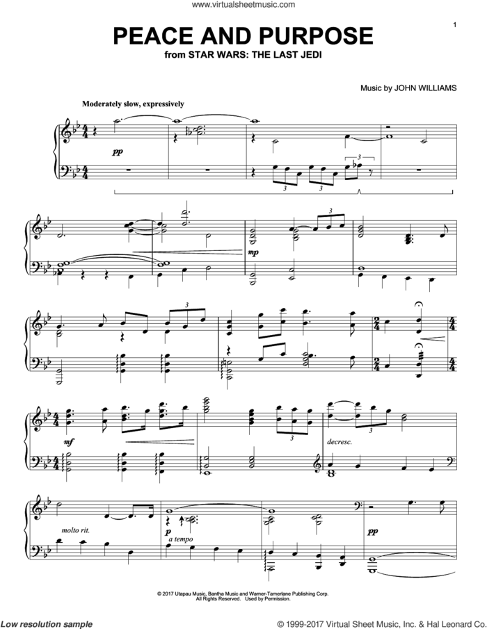 Peace And Purpose sheet music for piano solo by John Williams, intermediate skill level