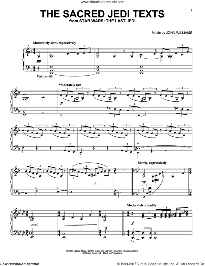 The Sacred Jedi Texts, (intermediate) sheet music for piano solo by John Williams, intermediate skill level