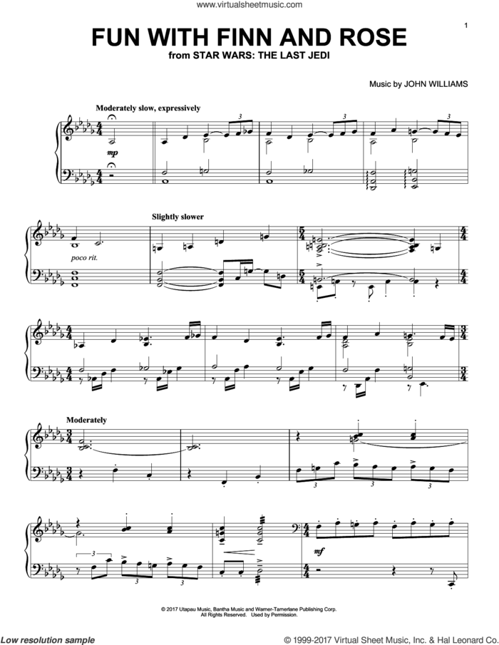 Fun With Finn And Rose, (intermediate) sheet music for piano solo by John Williams, intermediate skill level