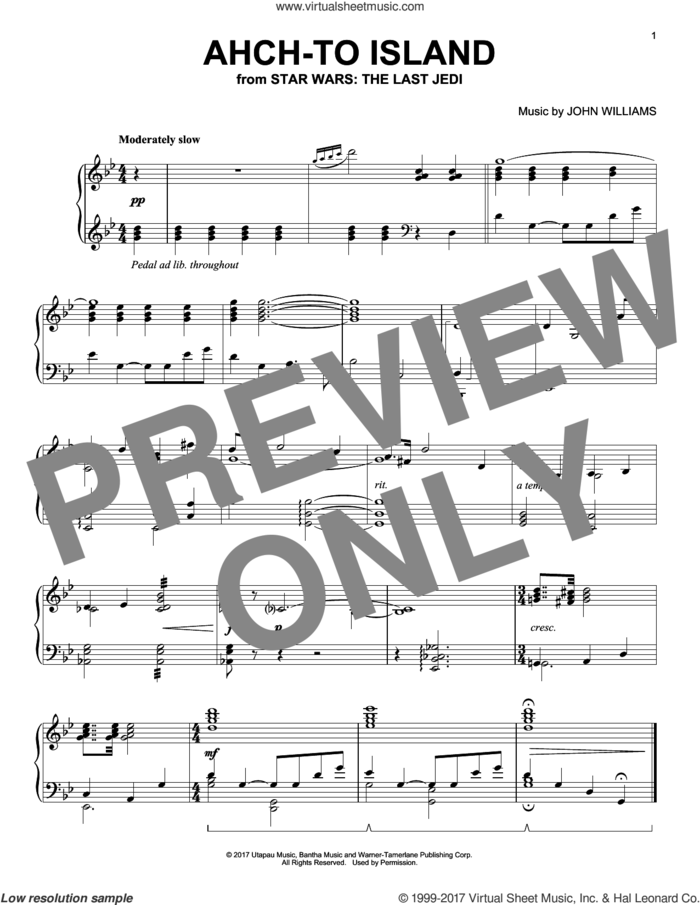 Ahch-To Island sheet music for piano solo by John Williams, intermediate skill level