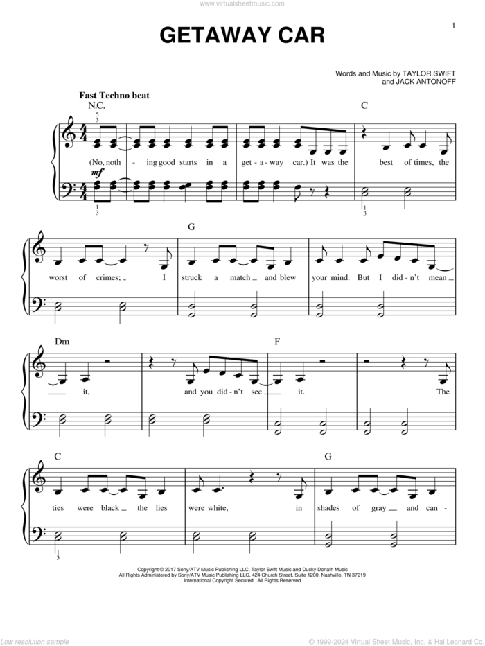 Getaway Car sheet music for piano solo by Taylor Swift and Jack Antonoff, easy skill level