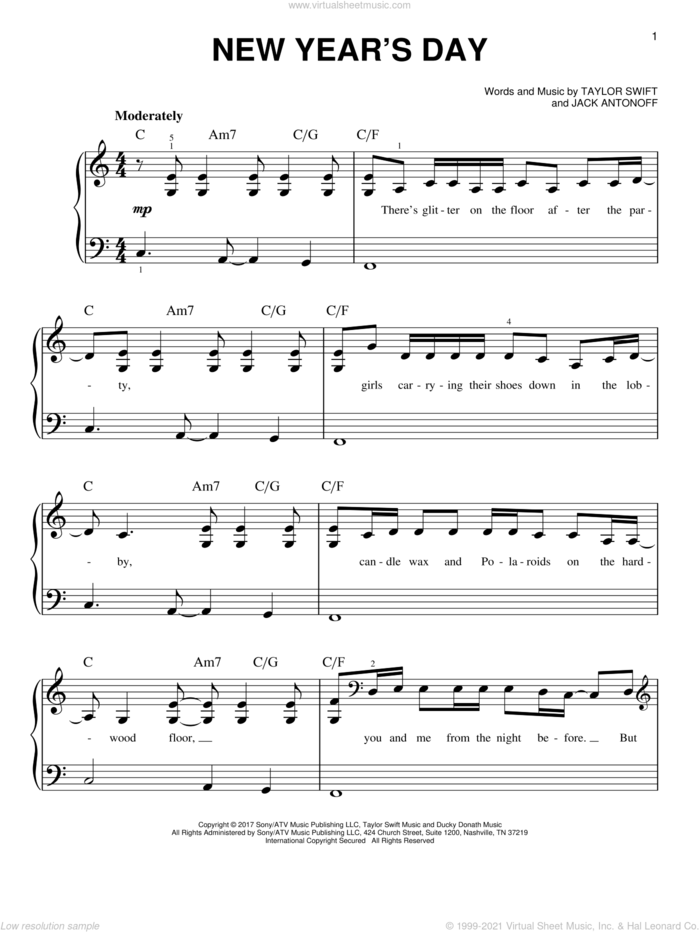 New Year's Day sheet music for piano solo by Taylor Swift and Jack Antonoff, easy skill level