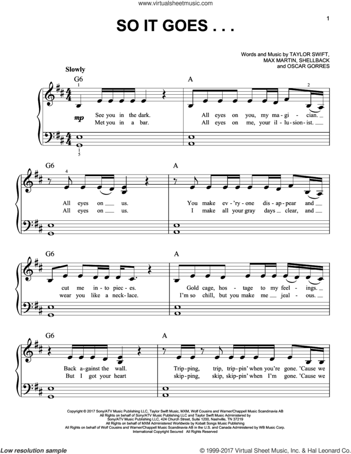 So It Goes... sheet music for piano solo by Taylor Swift, Max Martin, Oscar Gorres and Shellback, easy skill level