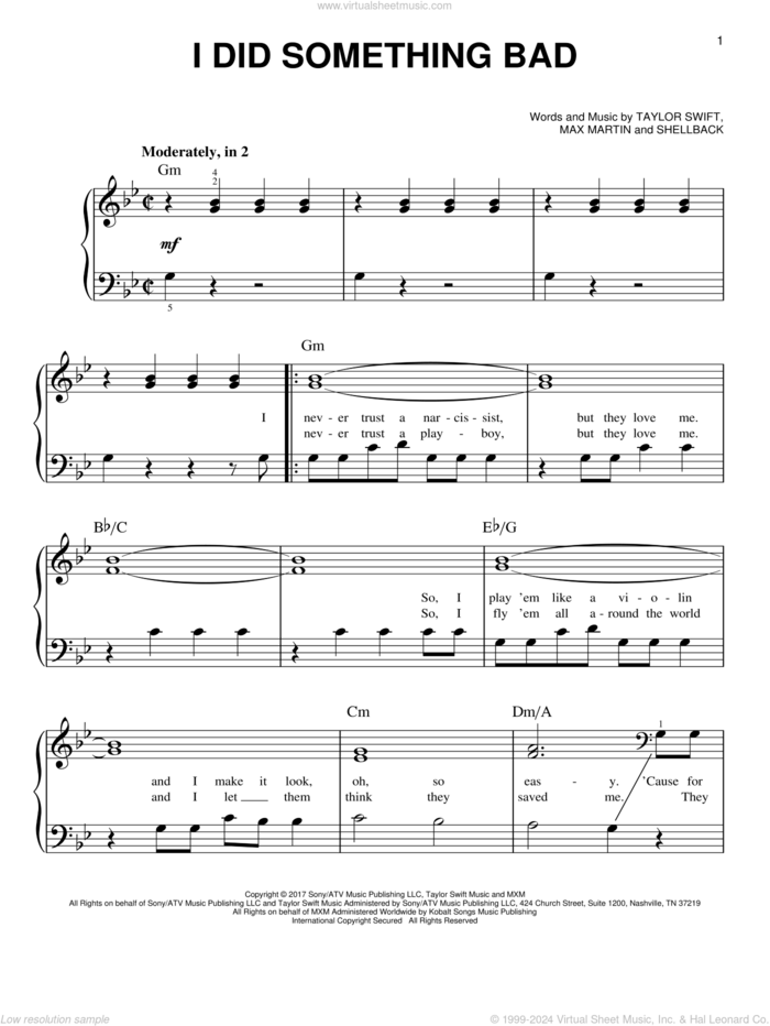 I Did Something Bad sheet music for piano solo by Taylor Swift, Max Martin and Shellback, easy skill level