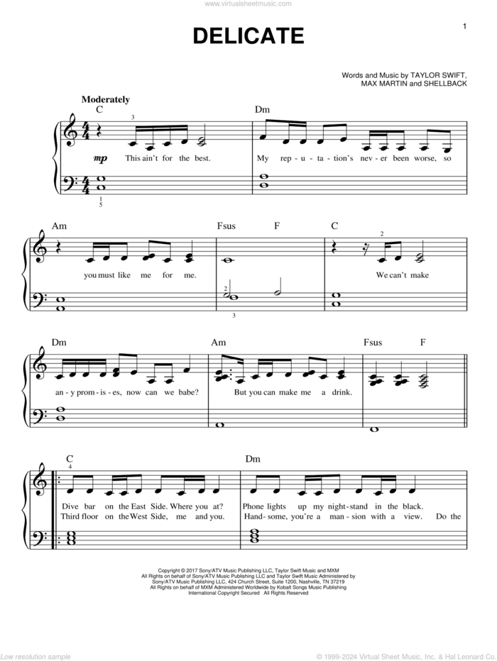 Delicate, (easy) sheet music for piano solo by Taylor Swift, Max Martin and Shellback, easy skill level