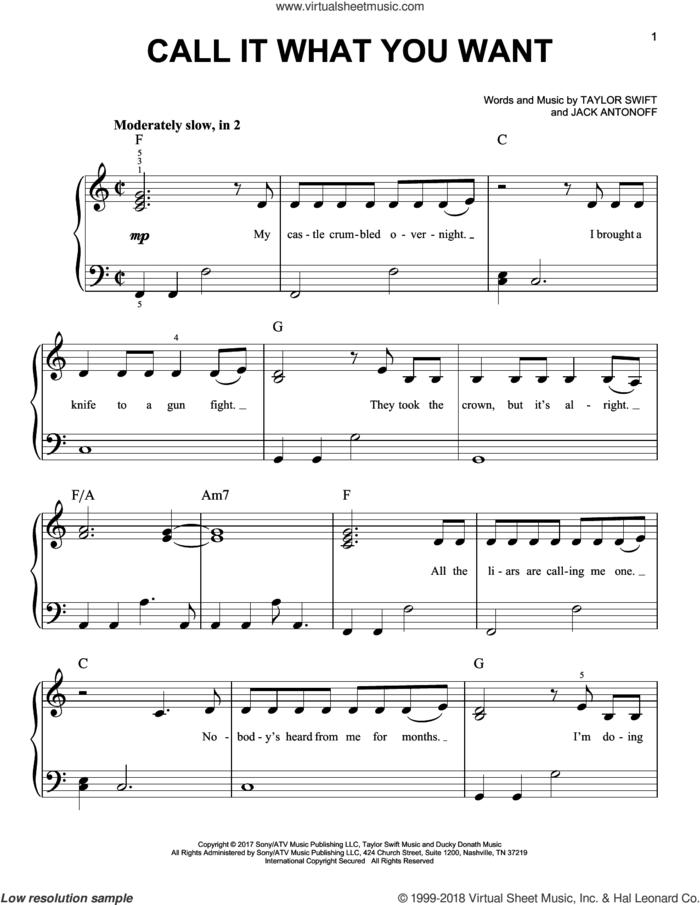 Call It What You Want sheet music for piano solo by Taylor Swift and Jack Antonoff, easy skill level