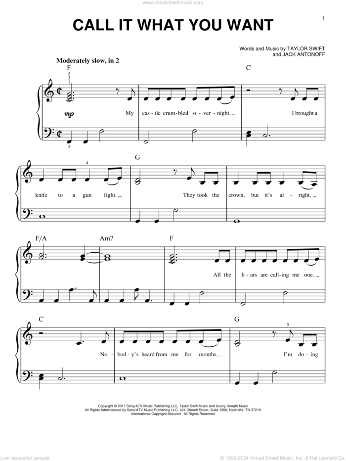 Call It What You Want sheet music for piano solo by Taylor Swift and Jack Antonoff, easy skill level