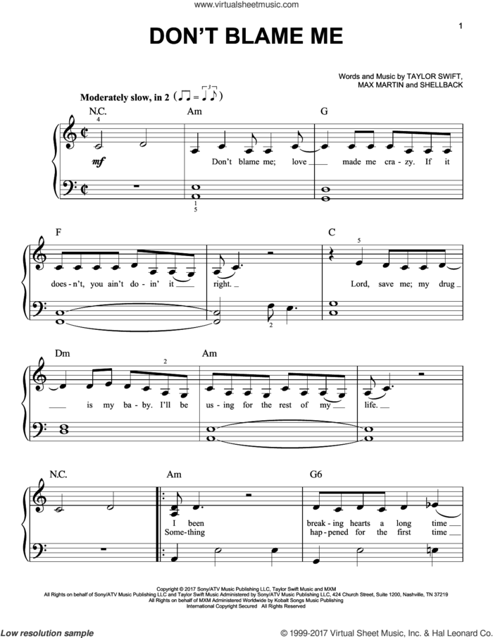 Don't Blame Me sheet music for piano solo by Taylor Swift, Max Martin and Shellback, easy skill level