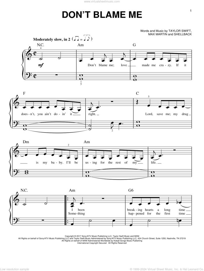 Don't Blame Me sheet music for piano solo by Taylor Swift, Max Martin and Shellback, easy skill level