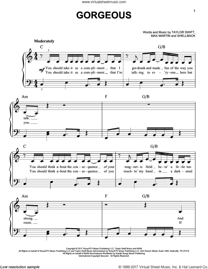 Gorgeous sheet music for piano solo by Taylor Swift, Max Martin and Shellback, easy skill level