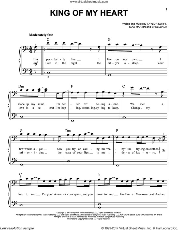 King Of My Heart sheet music for piano solo by Taylor Swift, Max Martin and Shellback, easy skill level