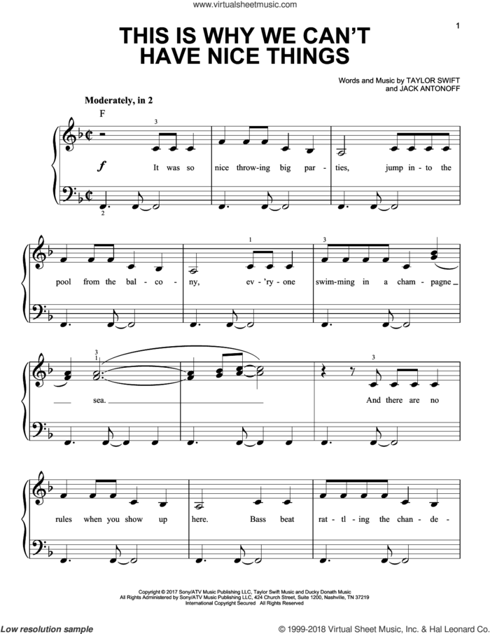 This Is Why We Can't Have Nice Things sheet music for piano solo by Taylor Swift and Jack Antonoff, easy skill level