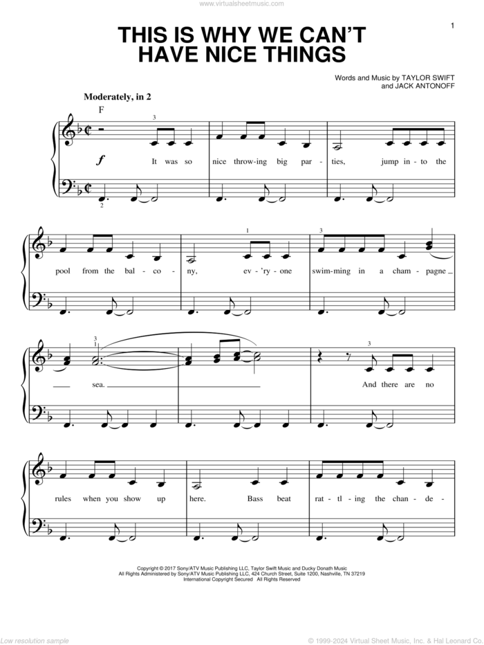 This Is Why We Can't Have Nice Things sheet music for piano solo by Taylor Swift and Jack Antonoff, easy skill level