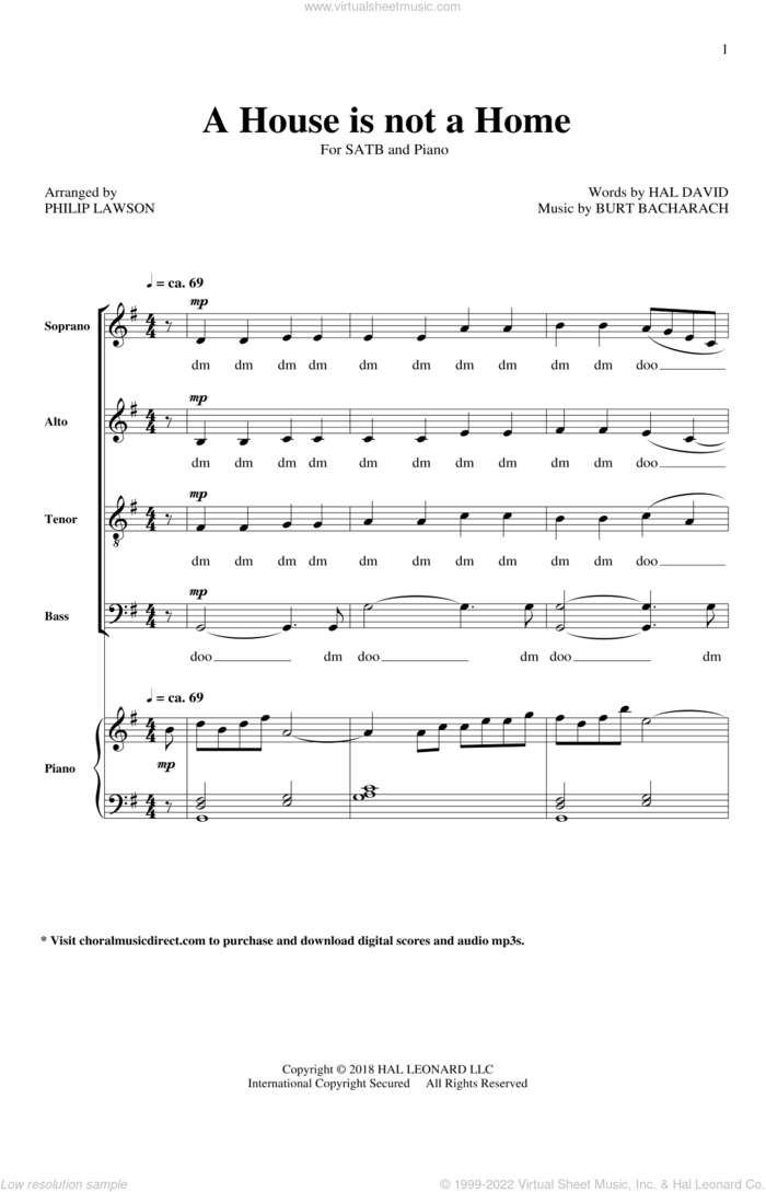 A House Is Not A Home sheet music for choir (SATB: soprano, alto, tenor, bass) by Burt Bacharach, Philip Lawson and Hal David, intermediate skill level