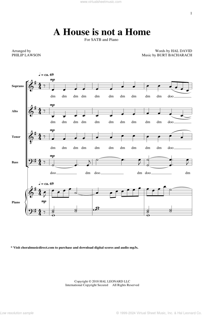 A House Is Not A Home sheet music for choir (SATB: soprano, alto, tenor, bass) by Burt Bacharach, Philip Lawson and Hal David, intermediate skill level