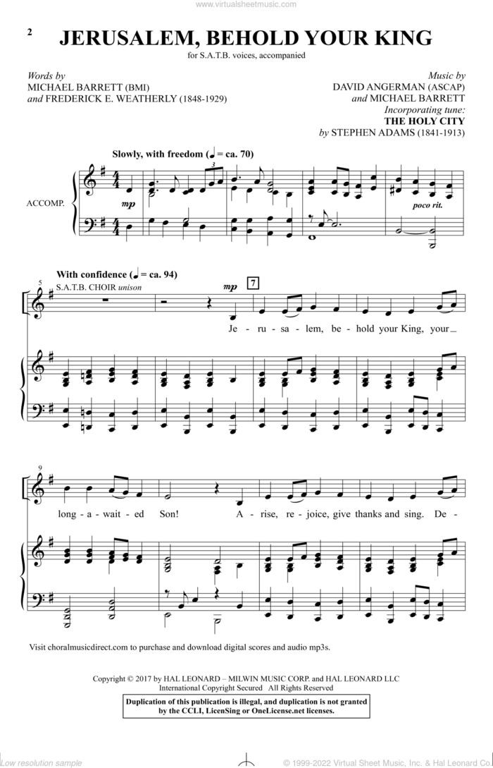Jerusalem, Behold Your King sheet music for choir (SATB: soprano, alto, tenor, bass) by David Angerman and Michael Barrett, intermediate skill level