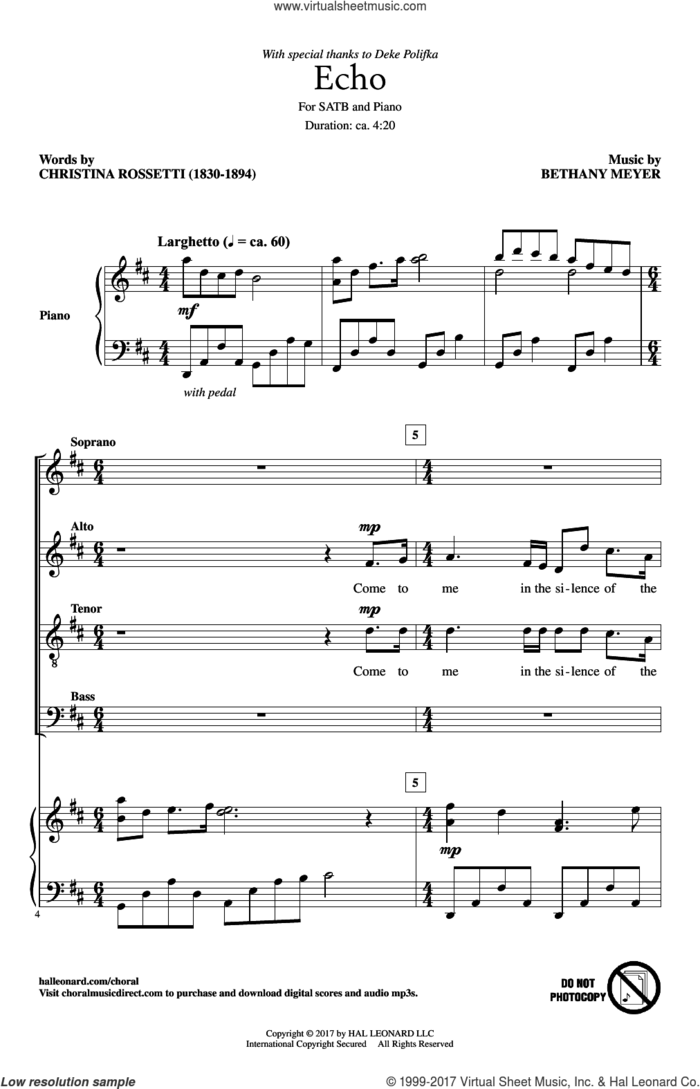 Echo sheet music for choir (SATB: soprano, alto, tenor, bass) by Christina Rossetti and Bethany Meyer, intermediate skill level