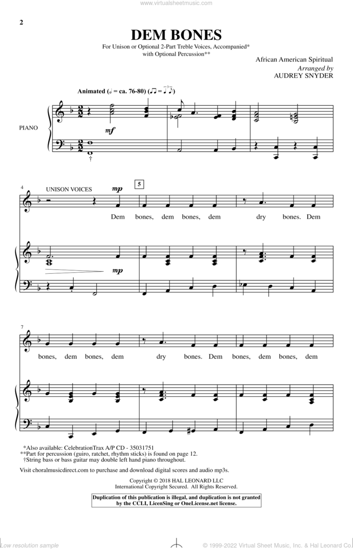 Dem Bones sheet music for choir (2-Part) by Audrey Snyder and Miscellaneous, intermediate duet