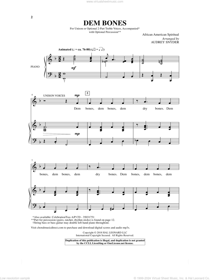 Dem Bones sheet music for choir (2-Part) by Audrey Snyder and Miscellaneous, intermediate duet