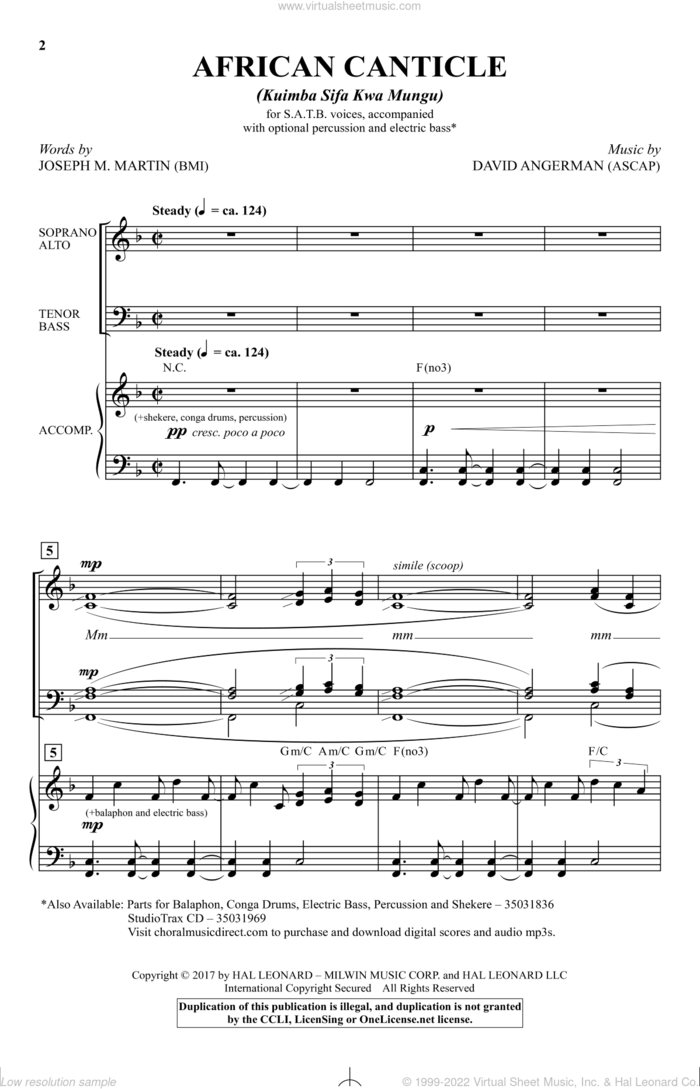 African Canticle (Kuimba Sifa Kwa Mungu) sheet music for choir (SATB: soprano, alto, tenor, bass) by David Angerman and Joseph M. Martin, intermediate skill level