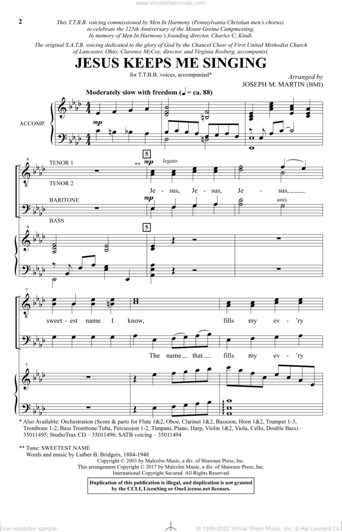 Jesus Keeps Me Singing sheet music for choir (TTBB: tenor, bass) by Joseph M. Martin and Luther Bridges, intermediate skill level