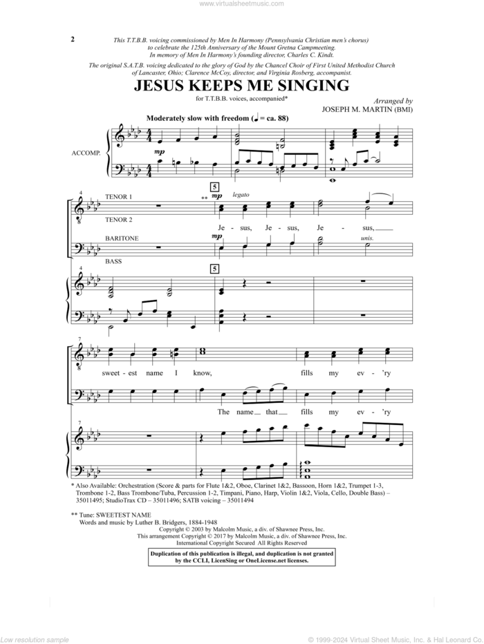 Jesus Keeps Me Singing sheet music for choir (TTBB: tenor, bass) by Joseph M. Martin and Luther Bridges, intermediate skill level