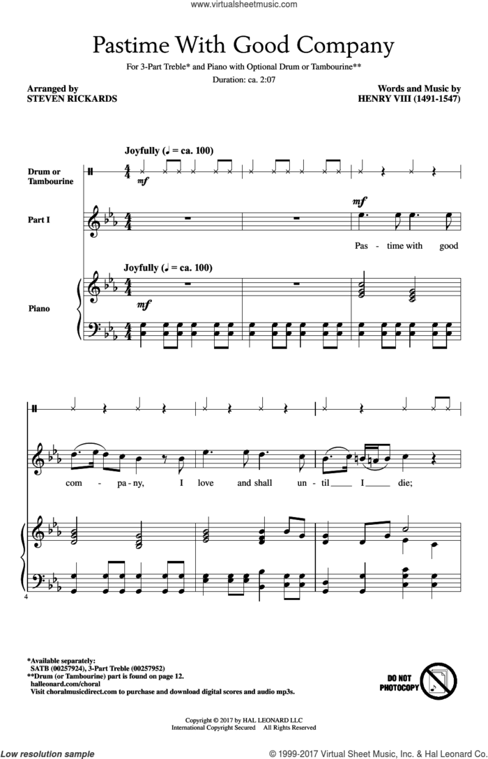 Pastime With Good Company sheet music for choir (3-Part Treble) by Steven Rickards and Henry VIII (1491-1547), intermediate skill level
