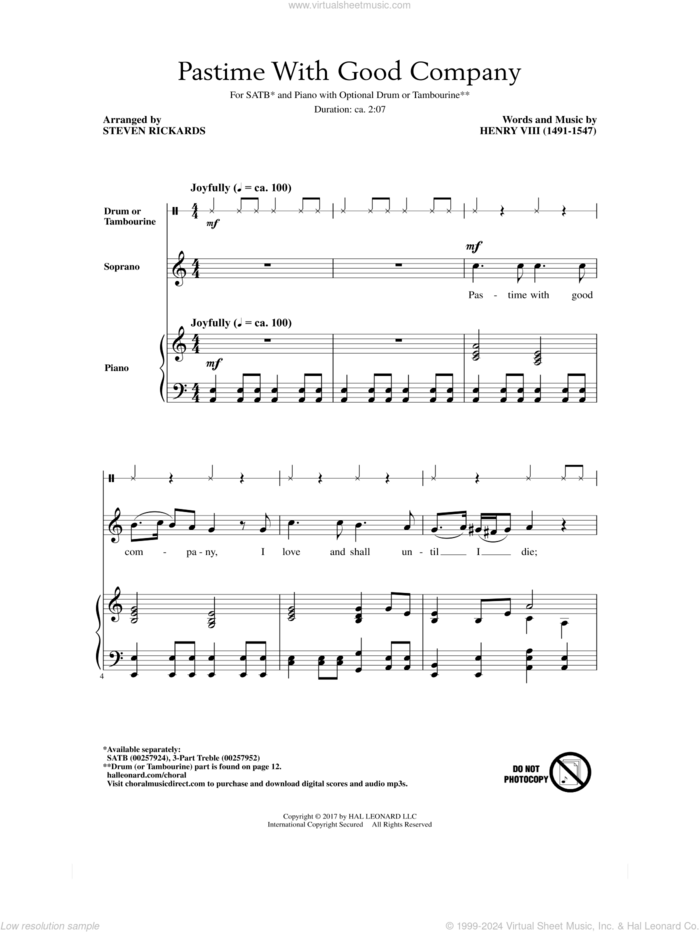 Pastime With Good Company sheet music for choir (SATB: soprano, alto, tenor, bass) by Steven Rickards and Henry VIII (1491-1547), intermediate skill level