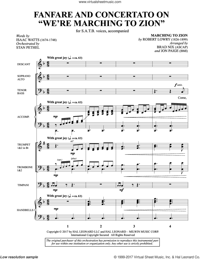 Fanfare and Concertato on 'We're Marching to Zion' (COMPLETE) sheet music for orchestra/band by Brad Nix, Isaac Watts, Jon Paige and Robert Lowry, intermediate skill level
