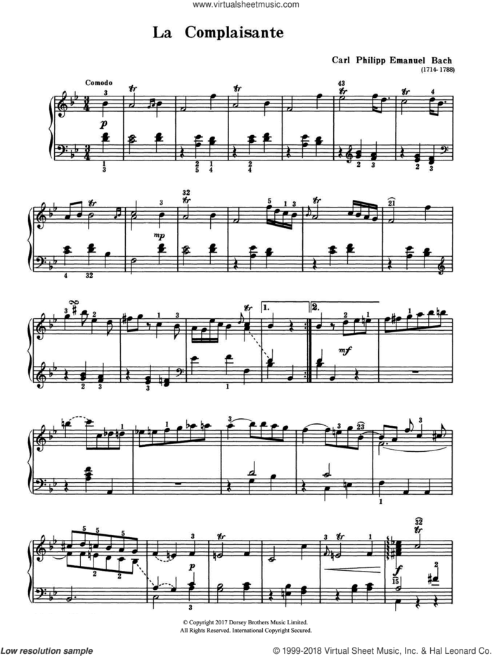 La Complaisante sheet music for piano solo by Carl Philipp Emanuel Bach and Carl Philip Emanuel Bach, classical score, intermediate skill level