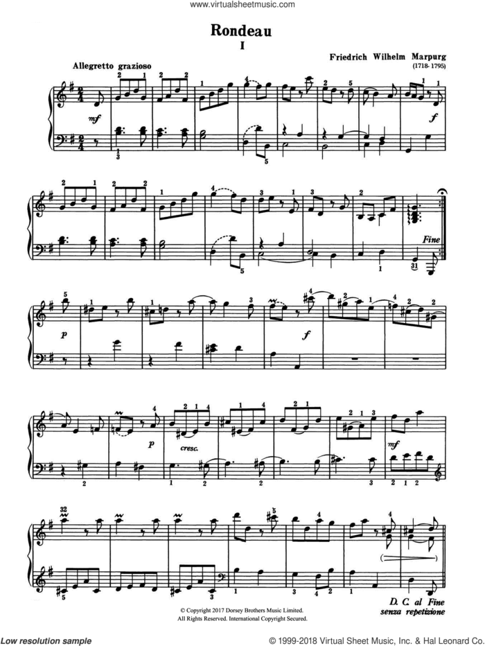 Rondeau sheet music for piano solo by Friedrich Wilhelm Marpurg, classical score, intermediate skill level