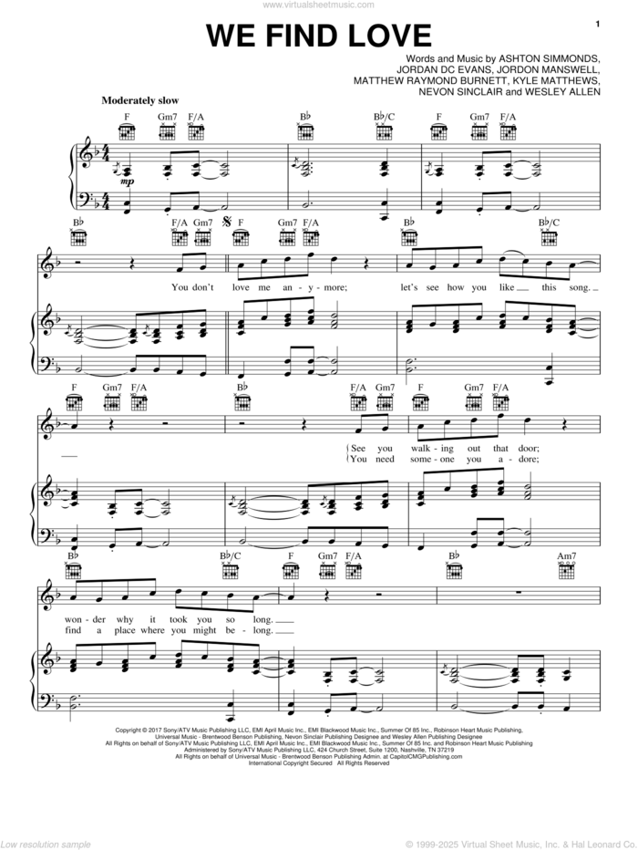 We Find Love sheet music for voice, piano or guitar by Daniel Caesar, Ashton Simmonds, Jordan Evans, Jordon Manswell, Kyle Matthews, Matthew Burnett, Nevon Sinclair and Wesley Allen, intermediate skill level