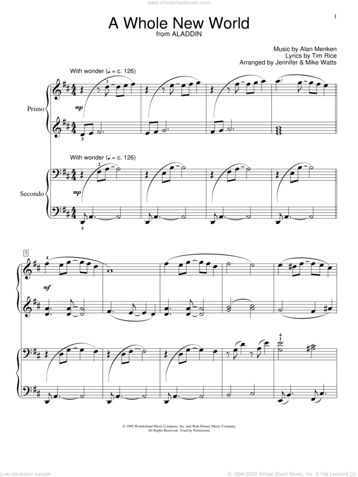 A Whole New World (from Aladdin) (arr. Jennifer and Mike Watts) sheet music for piano four hands by Alan Menken, Jennifer and Mike Watts, Alan Menken & Tim Rice and Tim Rice, wedding score, intermediate skill level