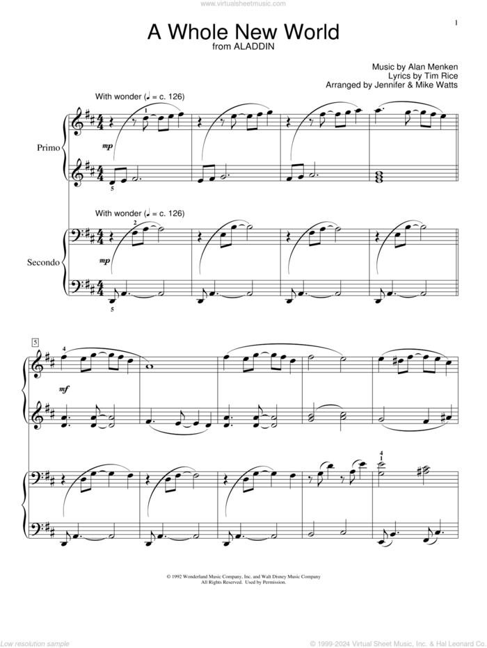 A Whole New World (from Aladdin) (arr. Jennifer and Mike Watts) sheet music for piano four hands by Alan Menken, Jennifer and Mike Watts, Alan Menken & Tim Rice and Tim Rice, wedding score, intermediate skill level