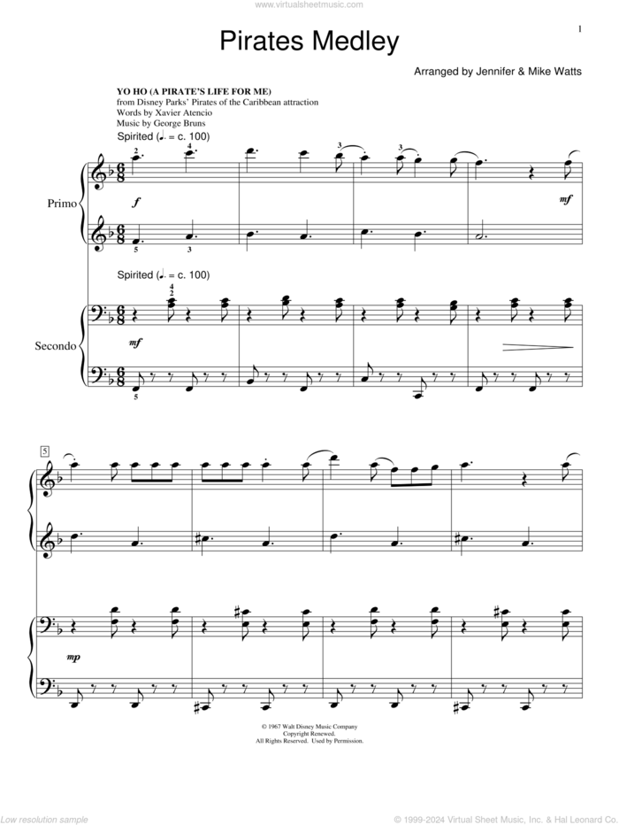 Pirates Medley sheet music for piano four hands by Hans Zimmer, Jennifer and Mike Watts, Geoffrey Zanelli and Klaus Badelt, intermediate skill level