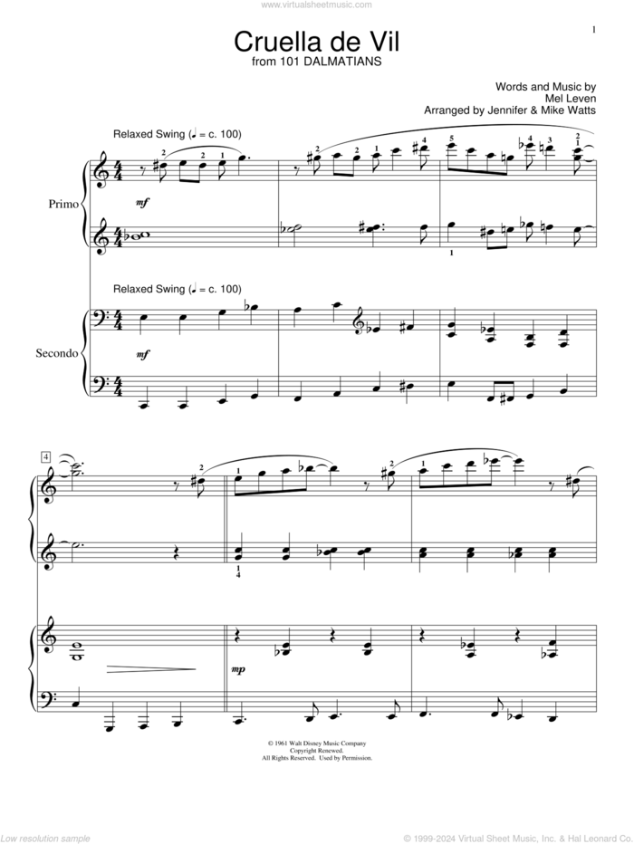 Cruella De Vil (from 101 Dalmations) (arr. Jennifer and Mike Watts) sheet music for piano four hands by Mel Leven and Jennifer and Mike Watts, intermediate skill level