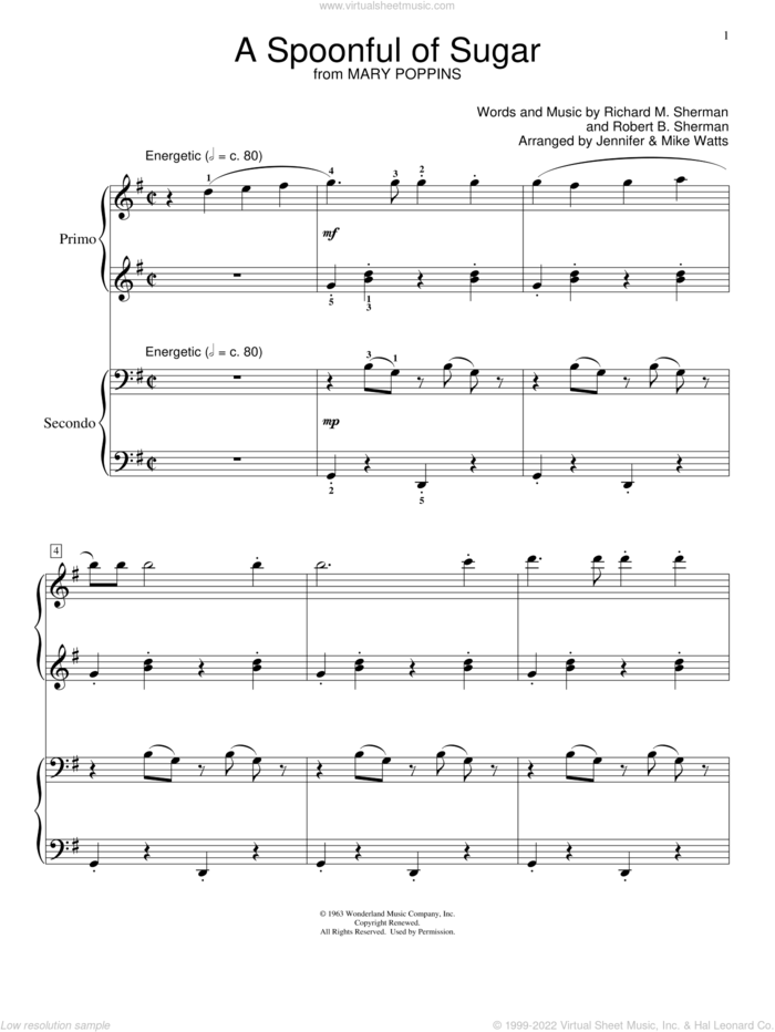A Spoonful Of Sugar (from Mary Poppins) (arr. Jennifer and Mike Watts) sheet music for piano four hands by Sherman Brothers, Jennifer and Mike Watts, Richard M. Sherman and Robert B. Sherman, intermediate skill level