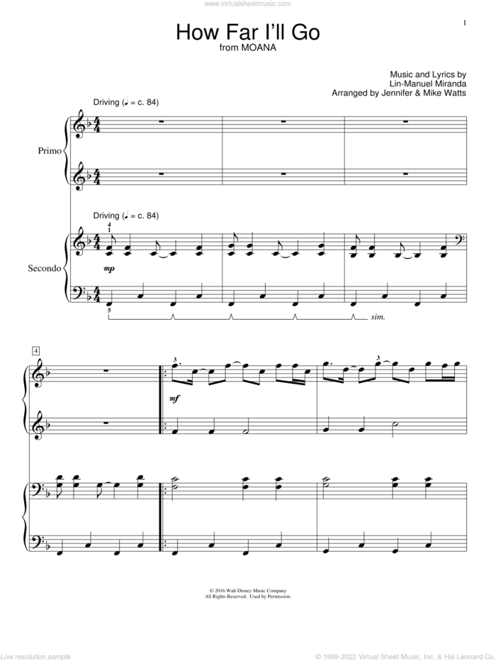 How Far I'll Go (from Moana) (arr. Jennifer and Mike Watts) sheet music for piano four hands by Lin-Manuel Miranda, Jennifer and Mike Watts, Alessia Cara and Miscellaneous, intermediate skill level