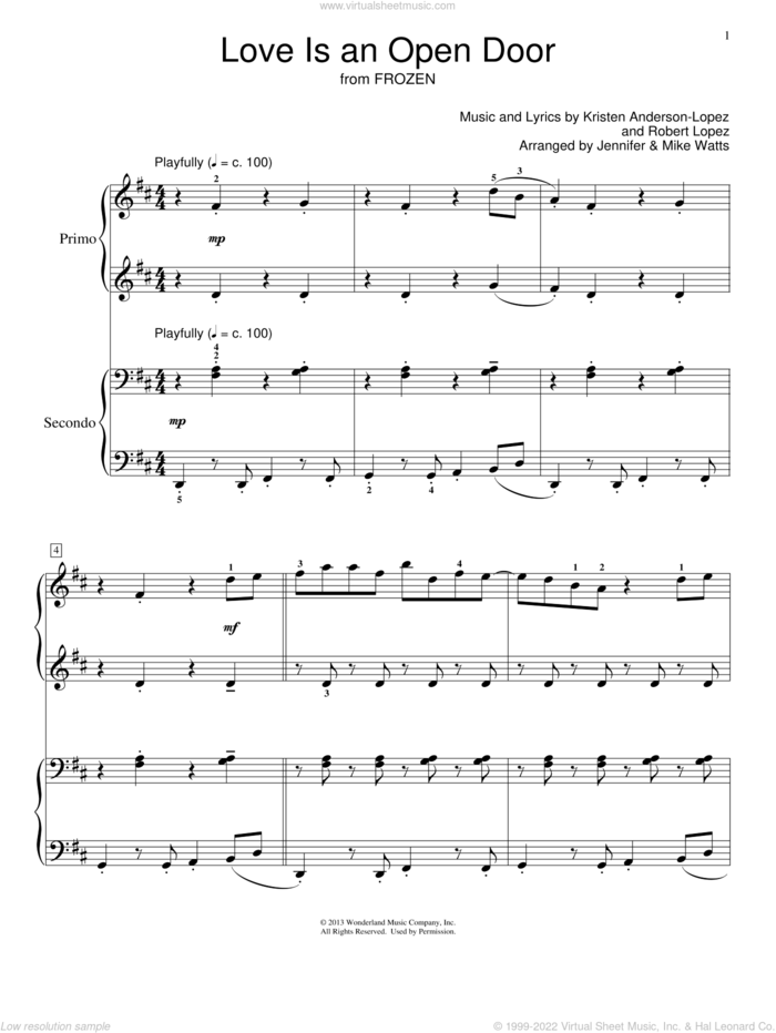 Love Is An Open Door (from Frozen) (arr. Jennifer and Mike Watts) sheet music for piano four hands by Robert Lopez, Jennifer and Mike Watts, Kristen Bell & Santino Fontana and Kristen Anderson-Lopez, intermediate skill level