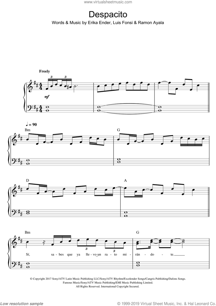 Despacito sheet music for piano solo by Luis Fonsi, Daddy Yankee, Luis Fonsi & Daddy Yankee feat. Justin Bieber, Erika Ender and Ramon Ayala, easy skill level