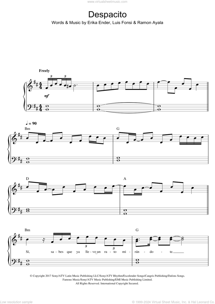 Despacito sheet music for piano solo by Luis Fonsi, Daddy Yankee, Luis Fonsi & Daddy Yankee feat. Justin Bieber, Erika Ender and Ramon Ayala, easy skill level