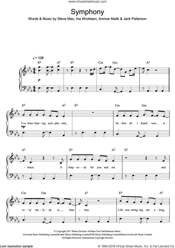 Symphony (featuring Louisa Johnson) sheet music for piano solo by Clean Bandit, Louis Johnson, Ammar Malik, Ina Wroldsen, Jack Patterson and Steve Mac, easy skill level