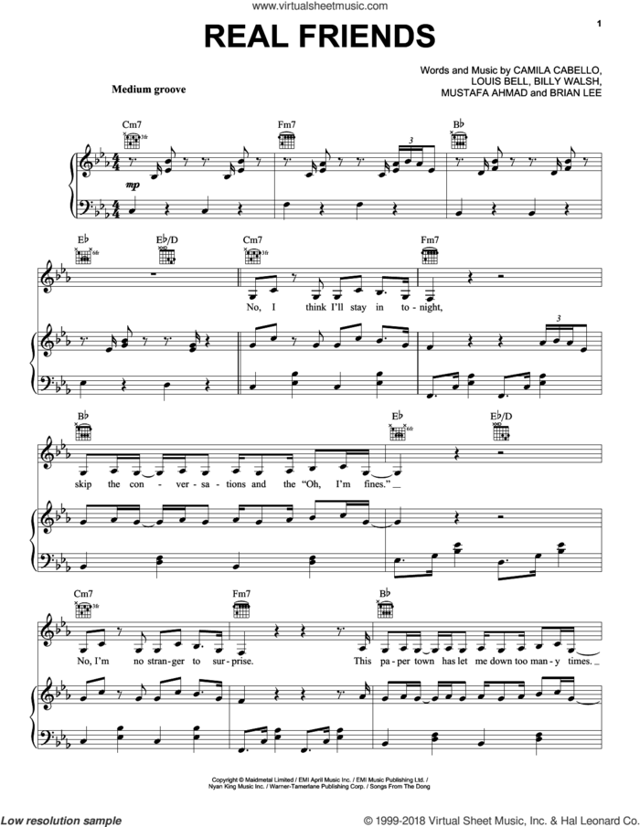 Real Friends sheet music for voice, piano or guitar by Camila Cabello, Billy Walsh, Brian Lee, Louis Bell and Mustafa Ahmad, intermediate skill level