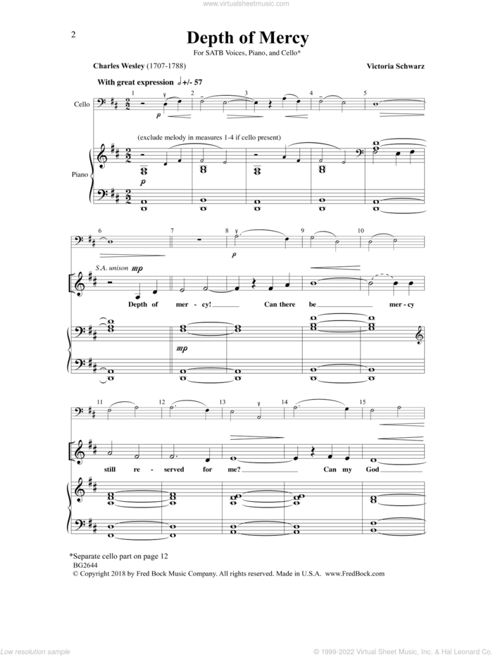 Depth of Mercy sheet music for choir (SATB: soprano, alto, tenor, bass) by Charles Wesley and Victoria Schwarz, intermediate skill level