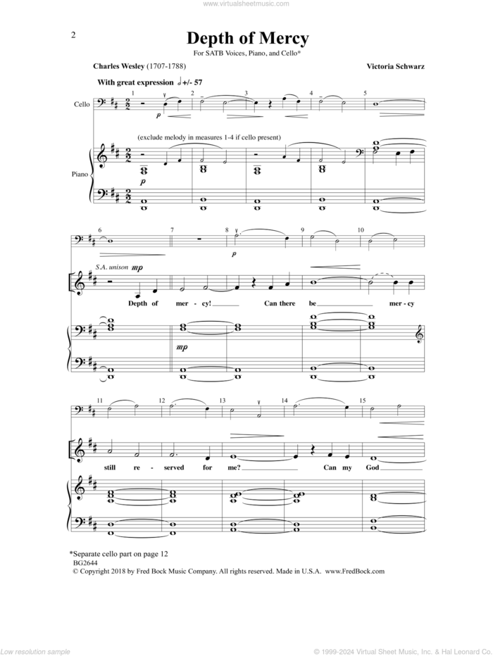 Depth of Mercy sheet music for choir (SATB: soprano, alto, tenor, bass) by Charles Wesley and Victoria Schwarz, intermediate skill level