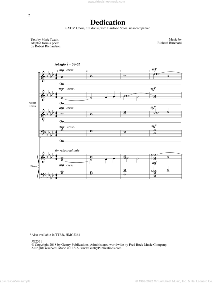 Dedication sheet music for choir (SATB: soprano, alto, tenor, bass) by Richard Burchard, Mark Twain and Robert Richardson, intermediate skill level