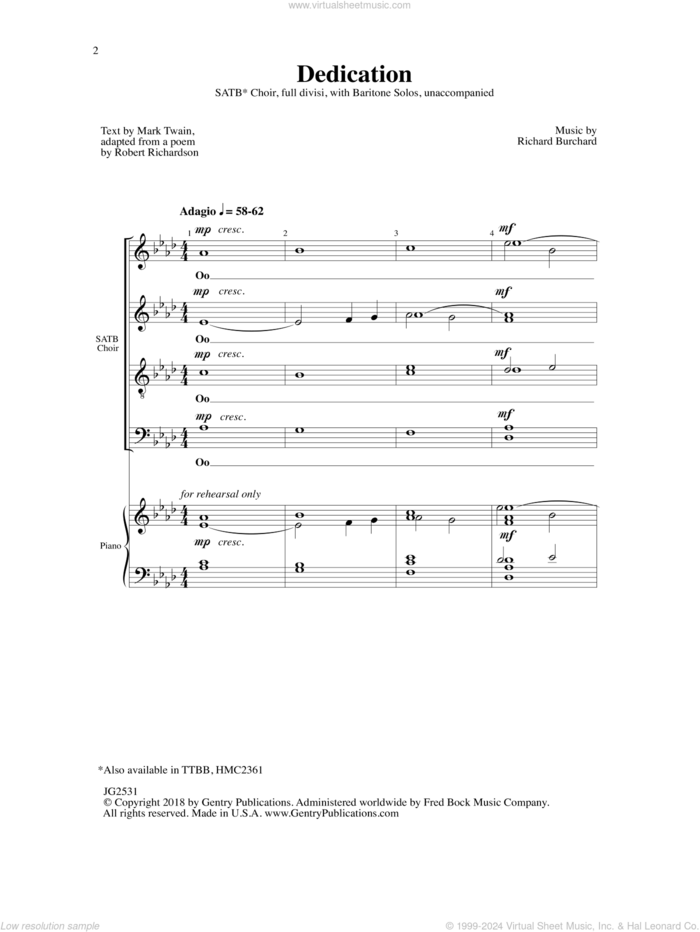 Dedication sheet music for choir (SATB: soprano, alto, tenor, bass) by Richard Burchard, Mark Twain and Robert Richardson, intermediate skill level