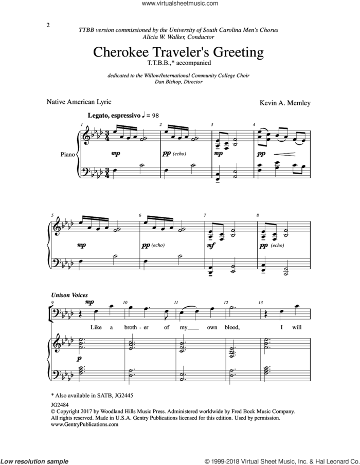 Cherokee Traveler's Greeting sheet music for choir (TTBB: tenor, bass) by Kevin A. Memley, intermediate skill level