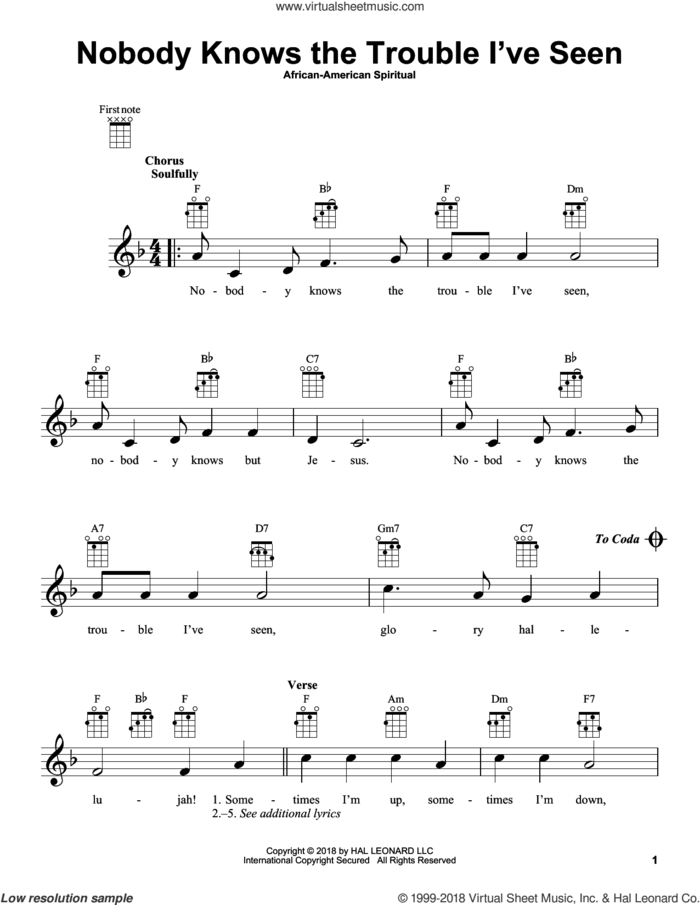 Nobody Knows The Trouble I've Seen sheet music for ukulele, intermediate skill level