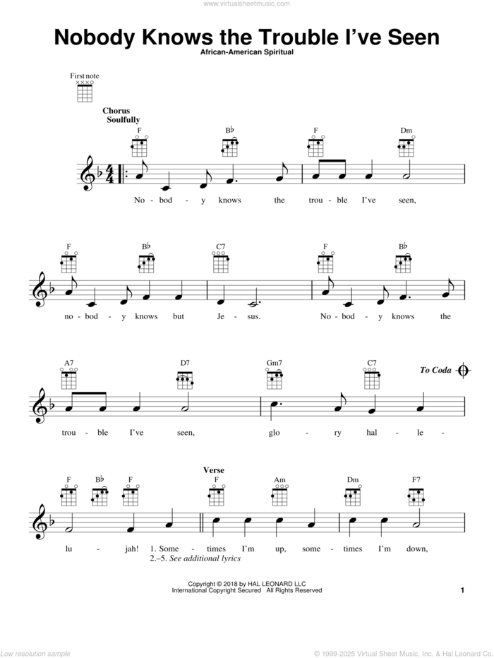 Nobody Knows The Trouble I've Seen sheet music for ukulele, intermediate skill level